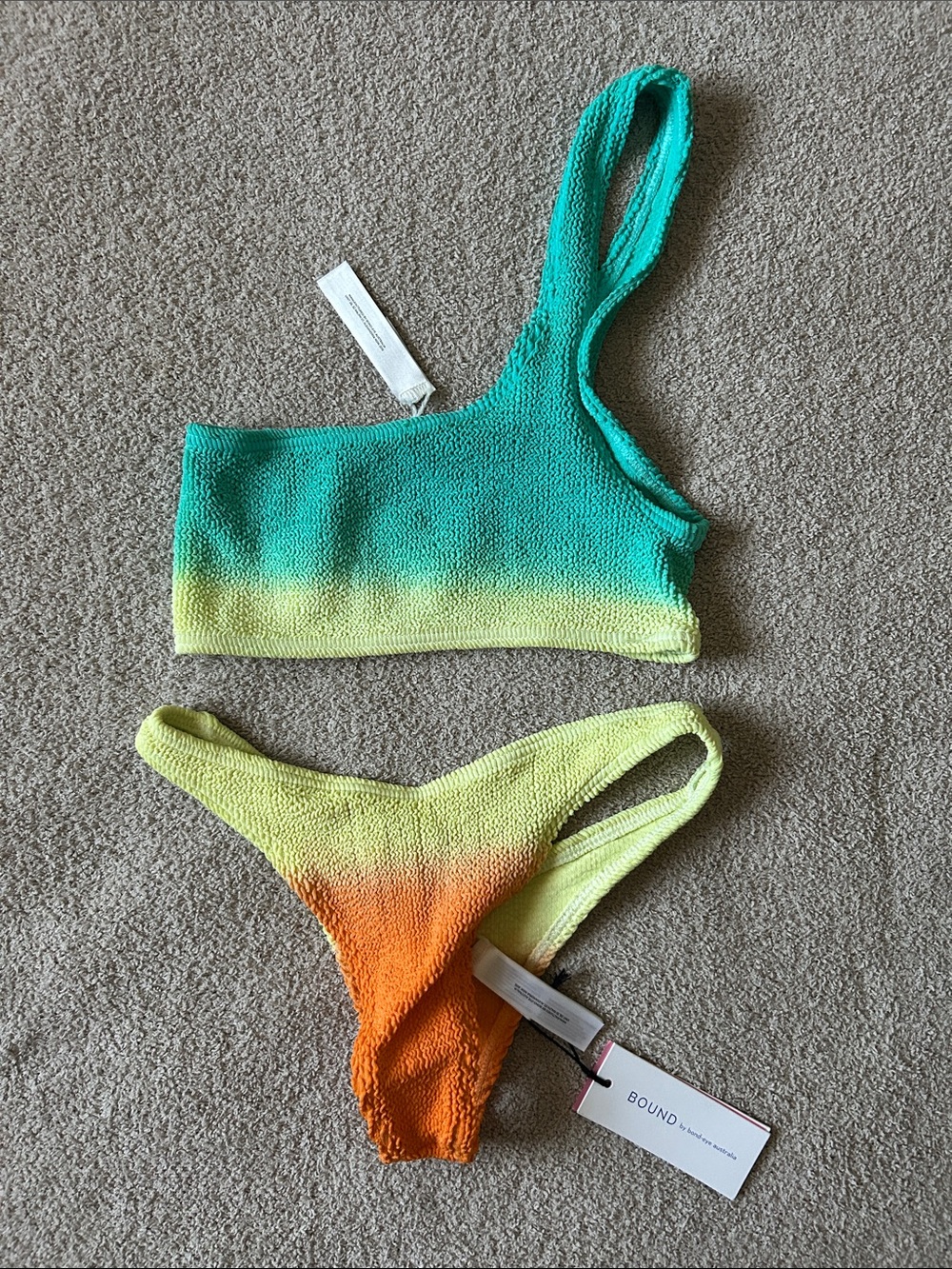 bond-eye Gradient One-Shoulder Bikini in Teal, Lime & Orange
